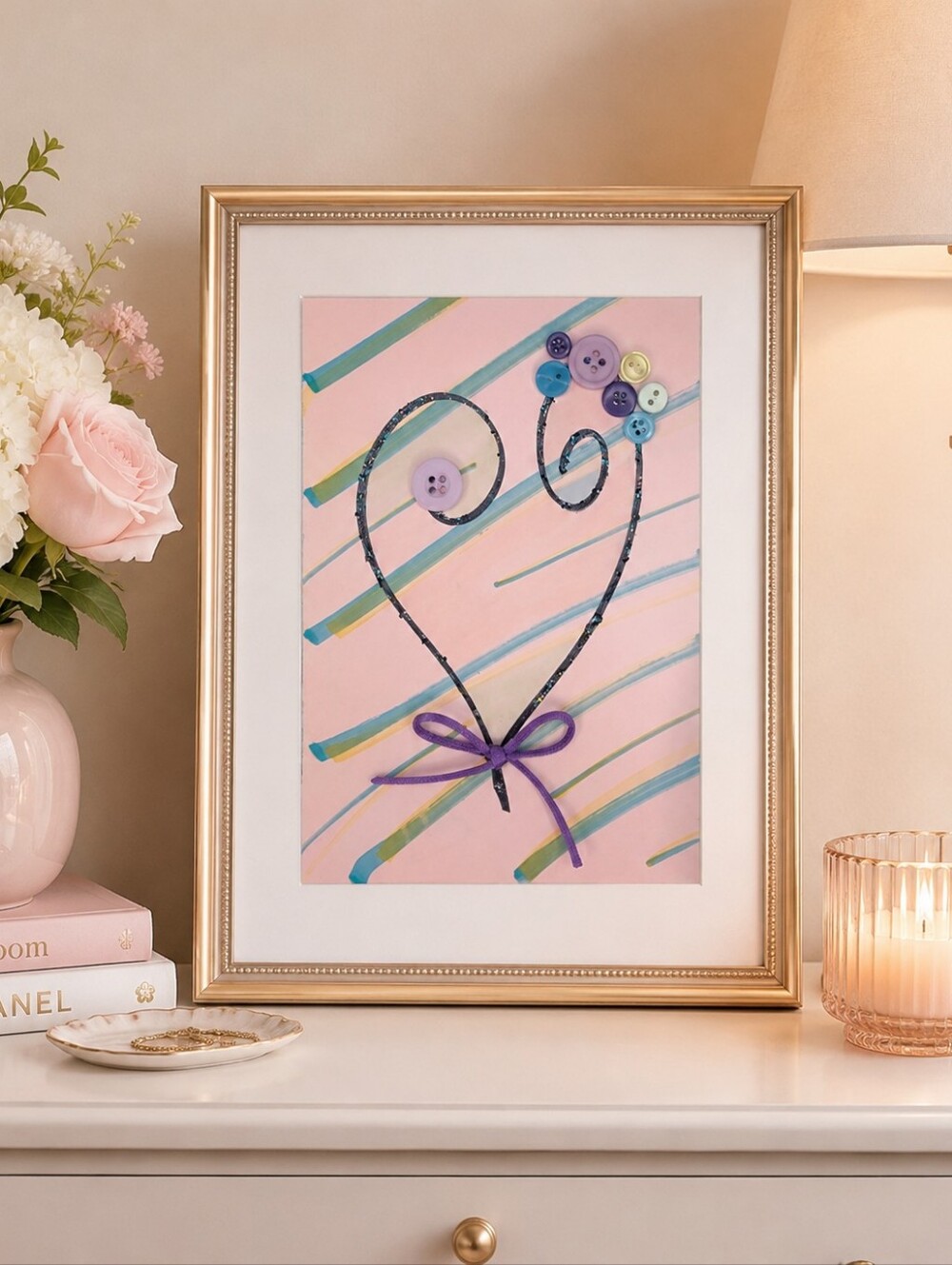Whimsical Pink Purple Heart Drawing Buttons Home Decor Wall Art
